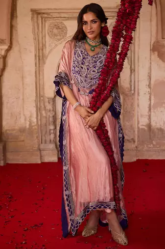 Rose pink embroidered tissue kaftan set