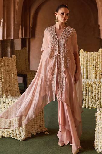 Pastel peach embroidered tissue cape skirt set
