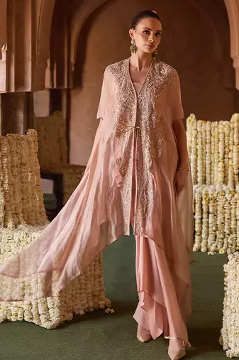 Pastel peach embroidered tissue cape skirt set