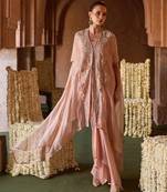 Pastel peach embroidered tissue cape skirt set
