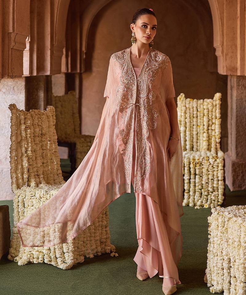 Pastel peach embroidered tissue cape skirt set