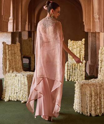 Pastel peach embroidered tissue cape skirt set 2