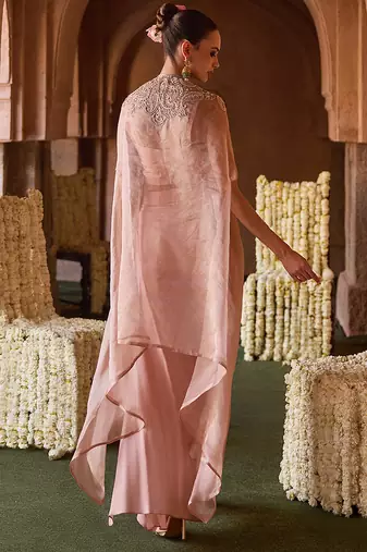 Pastel peach embroidered tissue cape skirt set