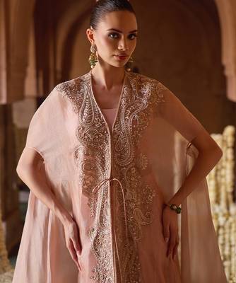 Pastel peach embroidered tissue cape skirt set 3