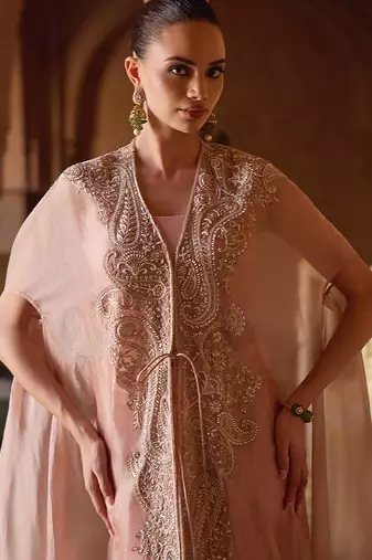 Pastel peach embroidered tissue cape skirt set