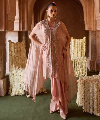 Pastel peach embroidered tissue cape skirt set 4