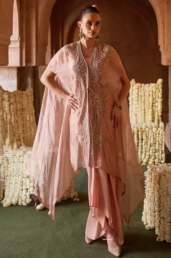 Pastel peach embroidered tissue cape skirt set