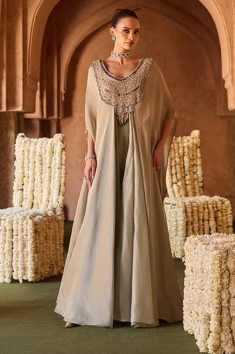Mint green embroidered kanjivaram tissue tunic cape set