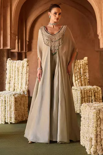 Mint green embroidered kanjivaram tissue tunic cape set