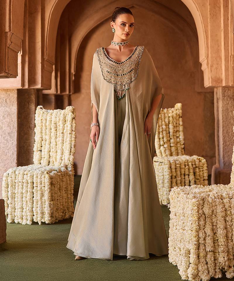 Mint green embroidered kanjivaram tissue tunic cape set