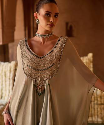 Mint green embroidered kanjivaram tissue tunic cape set 3