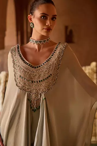 Mint green embroidered kanjivaram tissue tunic cape set