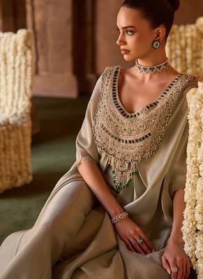 Mint green embroidered kanjivaram tissue tunic cape set 4