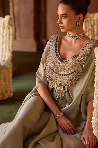 Mint green embroidered kanjivaram tissue tunic cape set