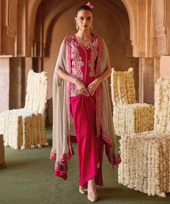 Fuchsia pink embroidered cupro silk waistcoat skirt set 1