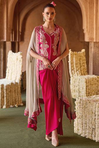 Fuchsia pink embroidered cupro silk waistcoat skirt set