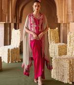 Fuchsia pink embroidered cupro silk waistcoat skirt set