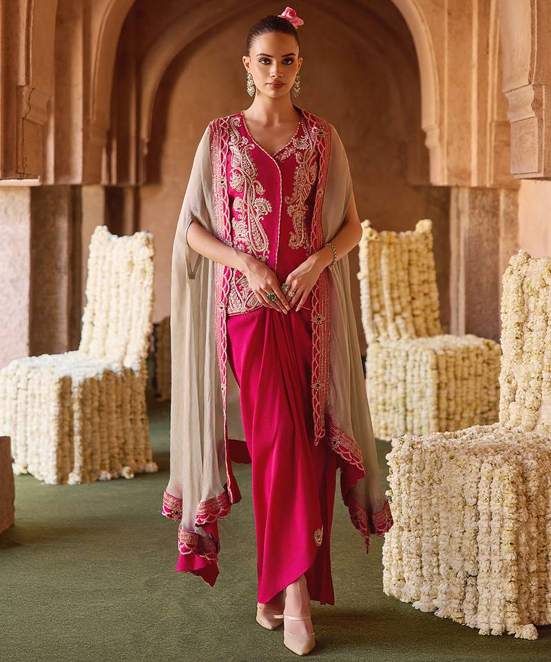 Fuchsia pink embroidered cupro silk waistcoat skirt set