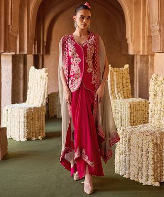 Fuchsia pink embroidered cupro silk waistcoat skirt set 2