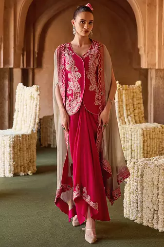 Fuchsia pink embroidered cupro silk waistcoat skirt set
