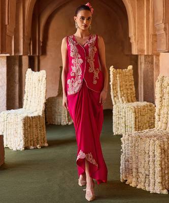 Fuchsia pink embroidered cupro silk co ord set 1