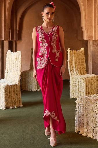 Fuchsia pink embroidered cupro silk co ord set