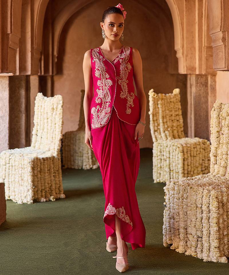 Fuchsia pink embroidered cupro silk co ord set