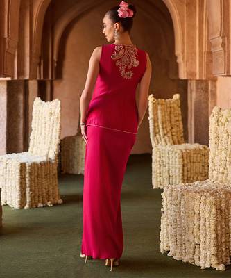 Fuchsia pink embroidered cupro silk co ord set 2