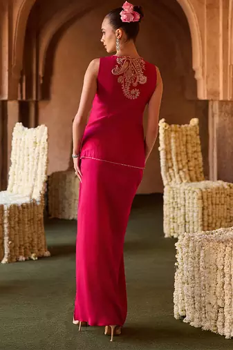 Fuchsia pink embroidered cupro silk co ord set