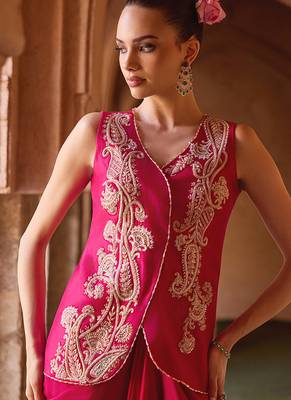 Fuchsia pink embroidered cupro silk co ord set 3