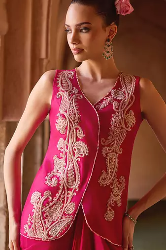 Fuchsia pink embroidered cupro silk co ord set