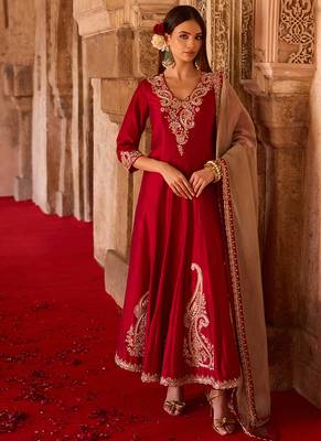Crimson red embroidered cupro silk anarkali set 1