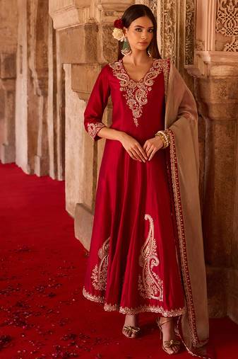 Crimson red embroidered cupro silk anarkali set