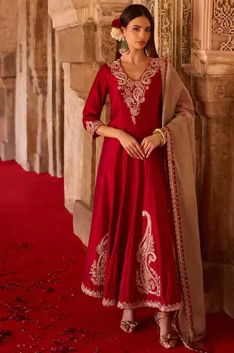 Crimson red embroidered cupro silk anarkali set