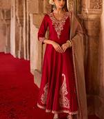 Crimson red embroidered cupro silk anarkali set