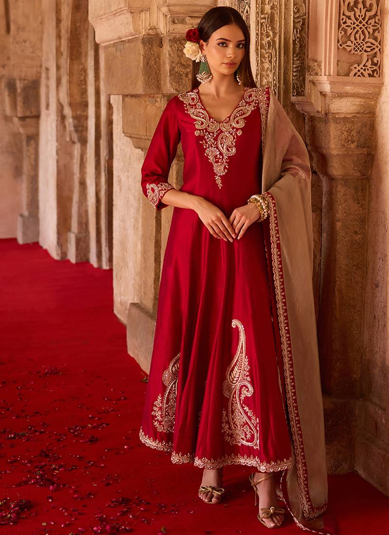 Crimson red embroidered cupro silk anarkali set