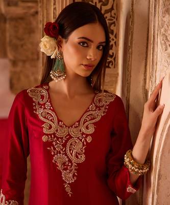 Crimson red embroidered cupro silk anarkali set 2