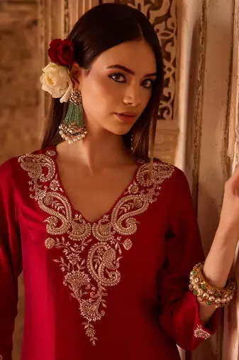 Crimson red embroidered cupro silk anarkali set