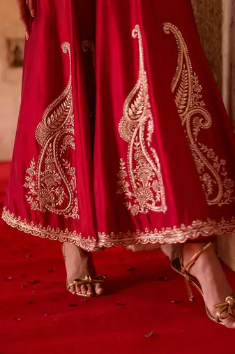 Crimson red embroidered cupro silk anarkali set