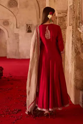 Crimson red embroidered cupro silk anarkali set