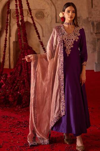 Rich purple embroidered cupro silk anarkali set