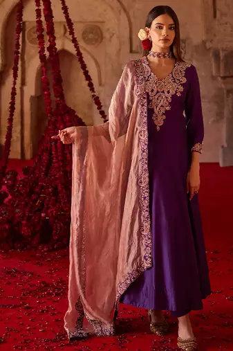 Rich purple embroidered cupro silk anarkali set