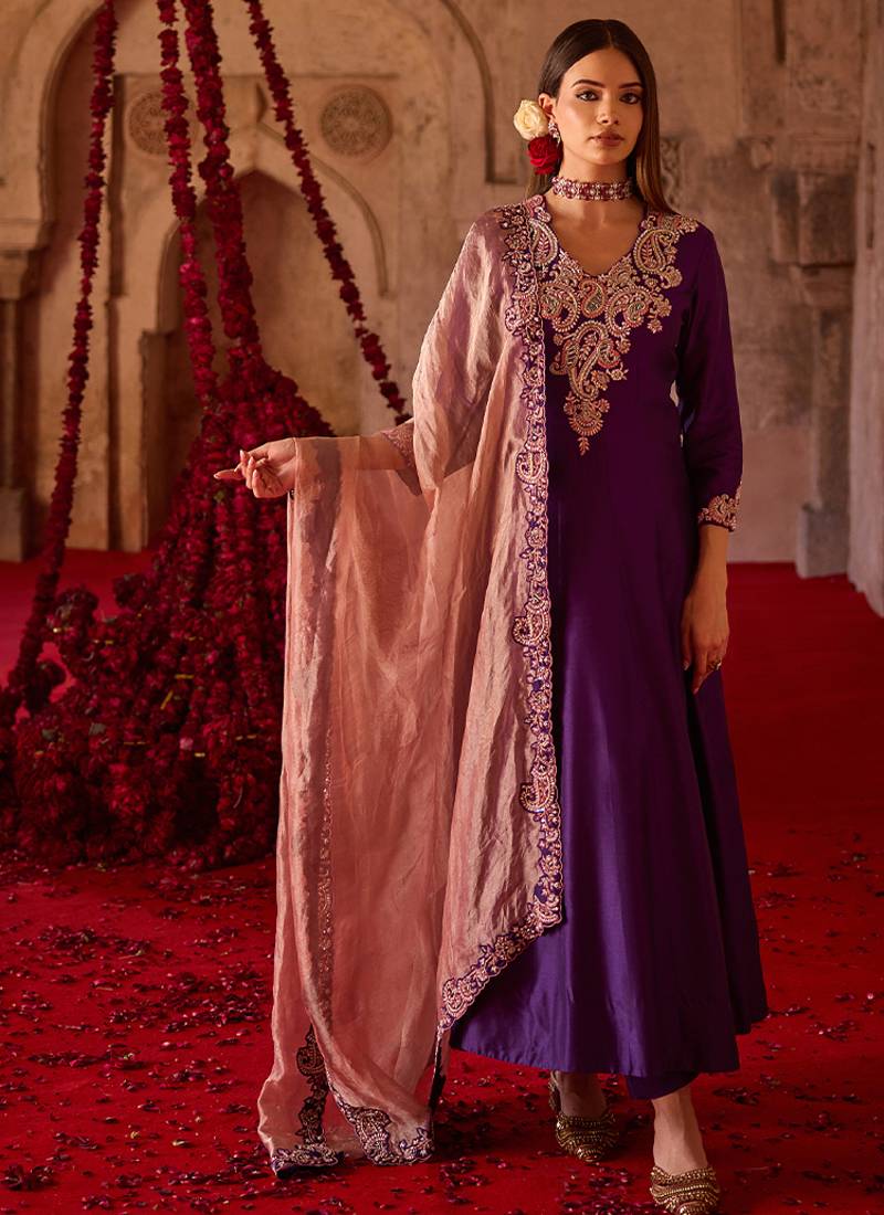 Rich purple embroidered cupro silk anarkali set