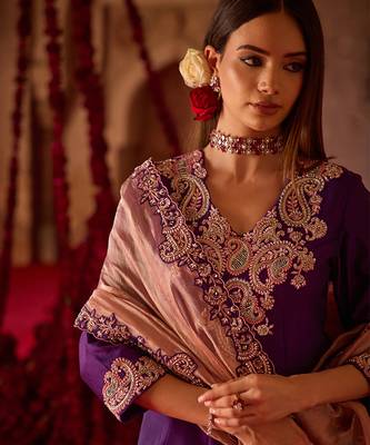Rich purple embroidered cupro silk anarkali set 2