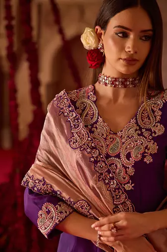 Rich purple embroidered cupro silk anarkali set