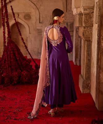 Rich purple embroidered cupro silk anarkali set 3
