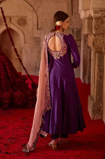 Rich purple embroidered cupro silk anarkali set