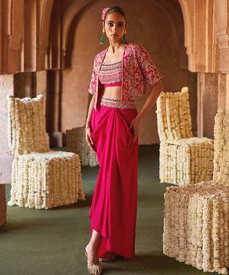 Fuchsia pink embroidered cupro silk jacket skirt set 1