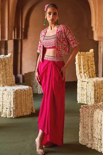 Fuchsia pink embroidered cupro silk jacket skirt set