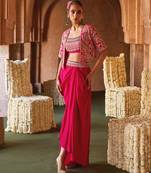 Fuchsia pink embroidered cupro silk jacket skirt set